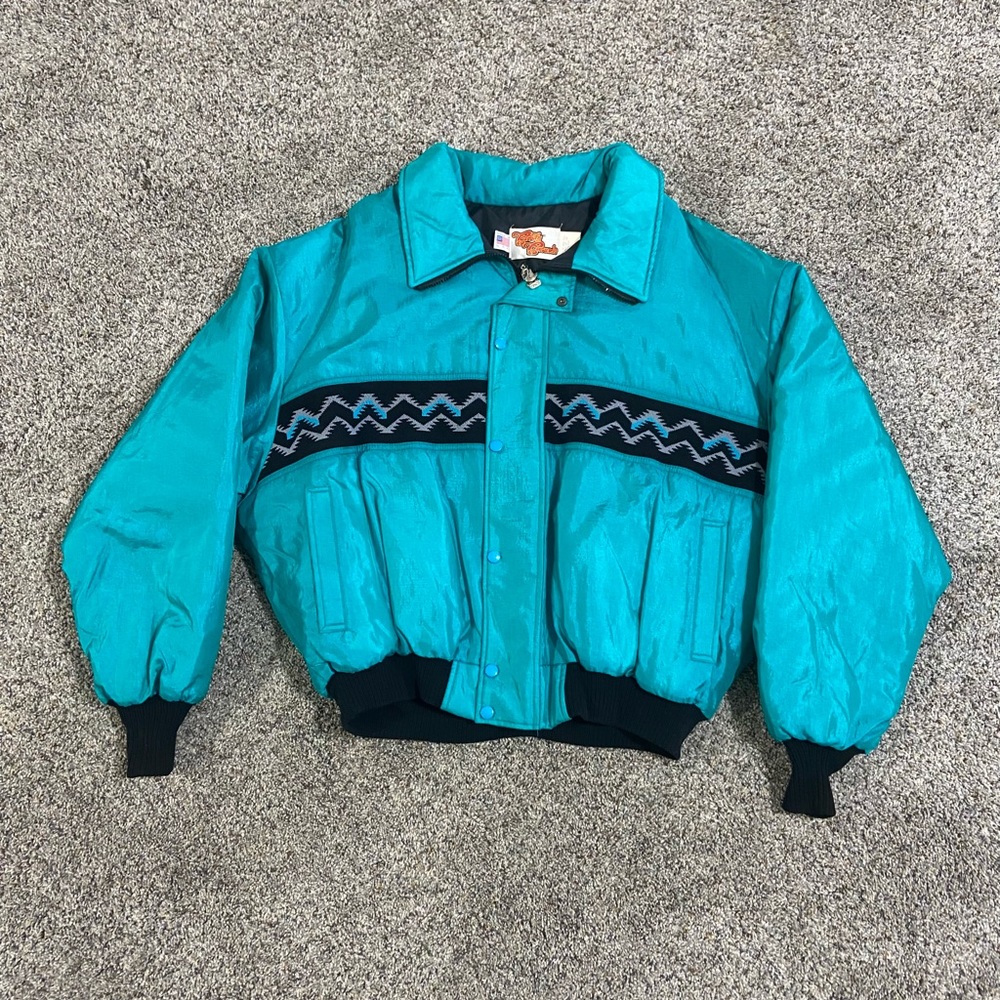 Vintage Retro COMFY CASUALS Mens XL Shiny Teal Bomber Style Lined Jacket